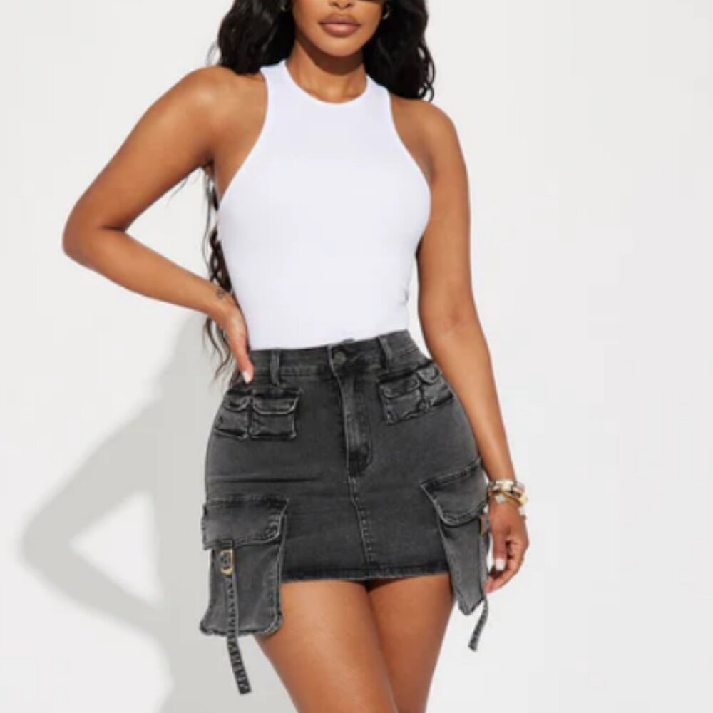 Fashion Nova Alexa Cargo Mineral Wash Mini Skirt Grey New